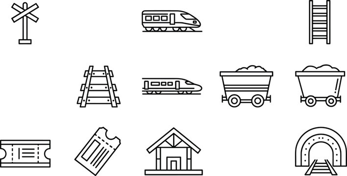 Railroad transit and logistics line icon set featuring passenger train speed rail track crossbuck sign mining cart ticket depot station and tunnel elements
