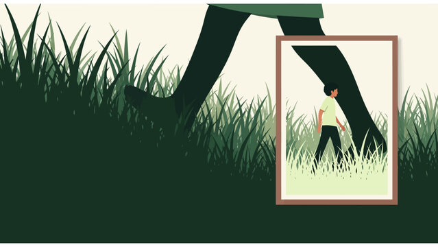 Conceptual Illustration of a Child Following in an Adult's Footsteps through Tall Grass