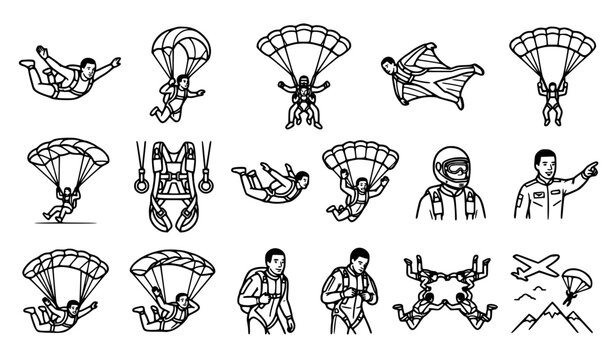 Man Skydiving Black Outline Icons Set Featuring Parachute Freefall Extreme Sports and Adventure Symbols