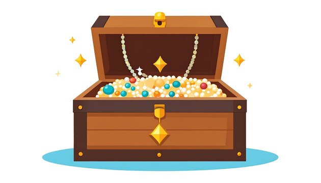 Cartoon illustration of a wooden treasure chest brimming with golden coins, jewels, and a pearl necklace, all sparkling brightly