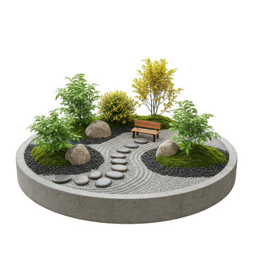 Miniature garden with plants and decorative stones on a round stone base isolated on transparent background