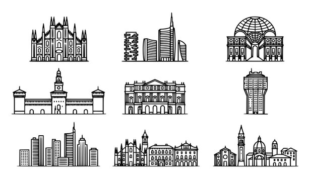 Milan Italy City Skyline Black Outline Icons Set Featuring Duomo Cathedral Skyscrapers and Historic Architecture