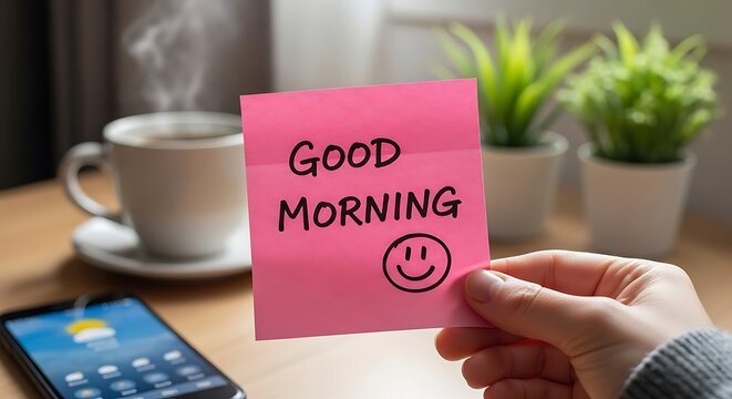 Person holding a pink sticky note with good morning text and a smiley face on a desk illustration