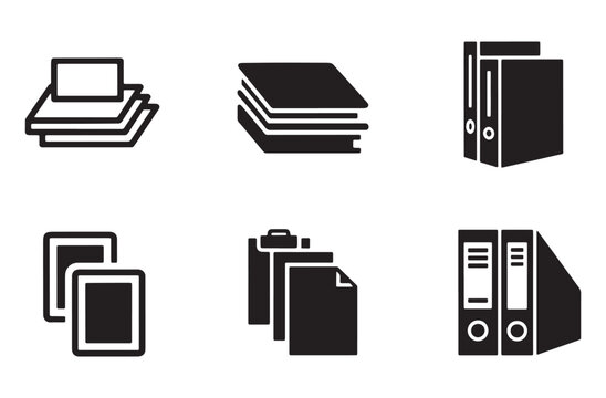 Office document management icons featuring stacks of paper folders and clipboards in solid and outline styles for organizational filing systems isolated on transparent background