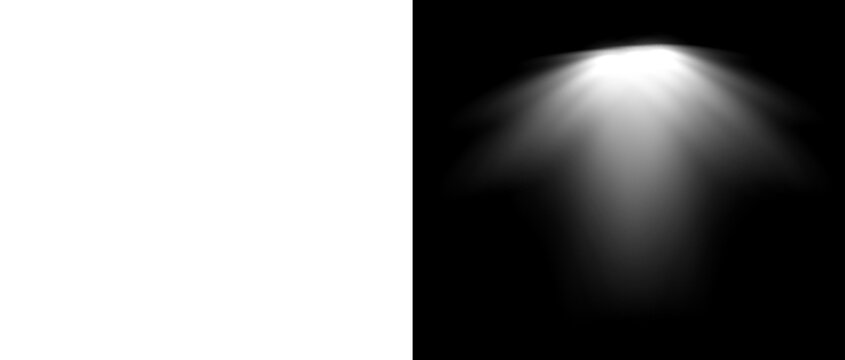 Cinematic spotlight beam on black background, dramatic stage light effect with alpha mask, white studio projector ray for product presentation