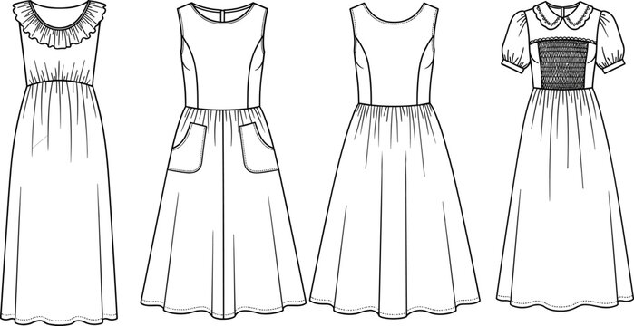 Fashion technical sketch vector collection featuring women summer dresses with ruffled neckline pockets and smocked bodice templates
