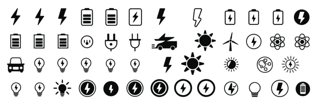 Renewable Energy icon collection, Electricity and Eco Power symbols in clean line style for Sustainable Technology and Green Energy design.