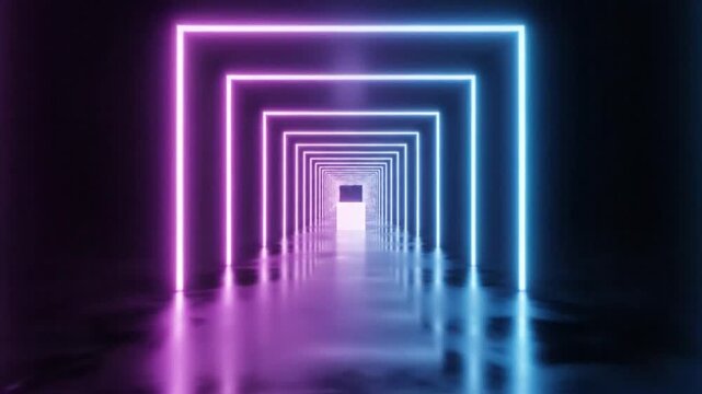 Endless neon light tunnel with glowing pink and blue rectangles