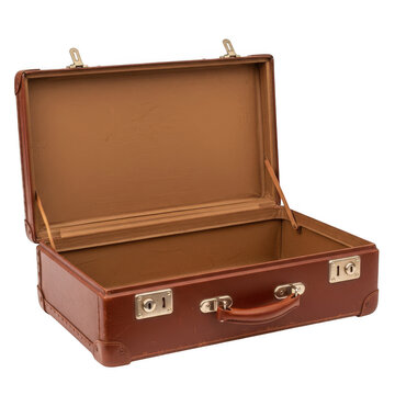 Open vintage brown leather suitcase on wooden floor isolated on transparent background