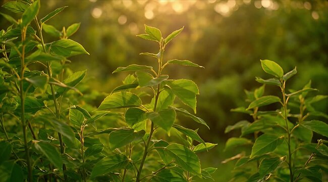 Nature Calm Background Fresh green leaf summer foliage sunlight nature background fresh plant garden bokeh morning light, lush foliage growth outdoor landscape, tranquil scene with warm golden bokeh