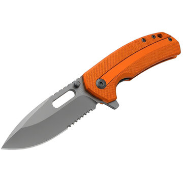 Orange handled folding pocket knife with sharp blade isolated on transparent background