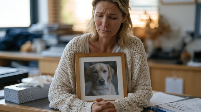 Middle aged woman sitting alone in veterinary consultation room holding framed portrait of her dog after receiving terminal cancer diagnosis, tissue box beside her, oncologist