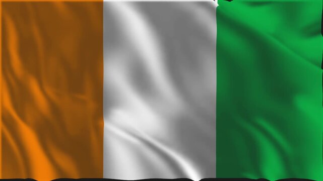 The flag of Ivory Coast waving slowly in the foreground.