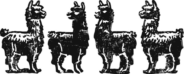 Naklejka premium Four black silhouette llamas in different side and front poses, rustic folk art