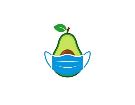 Cartoon-style avocado with a leaf, sporting a light blue surgical mask. The avocado half-open with the seed visible