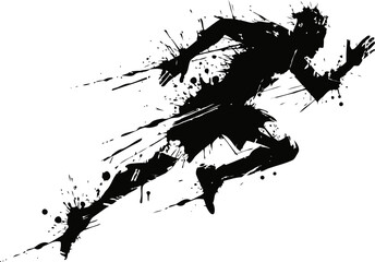 Obraz premium Dynamic running athlete silhouette with ink splatter effects and motion streaks