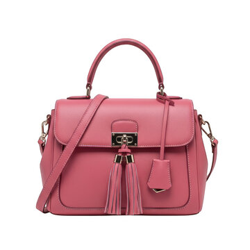 Pink handbag with gold hardware on white background isolated on transparent background