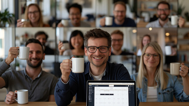 Distributed startup team celebrating the conclusion of a four-day workweek pilot program via group video call, team members cheering with mugs raised, calendar showing Friday as