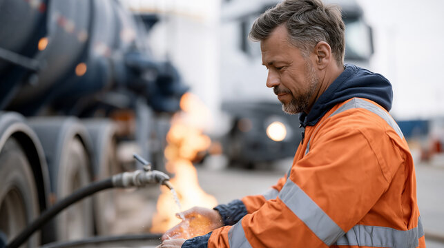 Fuel depot worker in reflective coveralls operating tanker truck bottom loading arm at product gantry, grounding cable connected, petroleum bulk terminal, fuel storage facility,