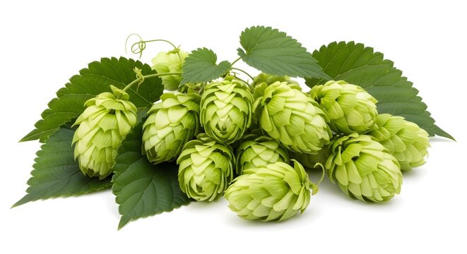 Fresh green hop cones with vibrant leaves are beautifully arranged on a pure white background