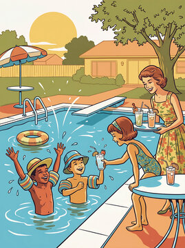 Retro Illustration of Family Having Fun in Backyard Swimming Pool