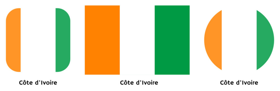C&ocirc;te d'Ivoire flag vector SVG in circle and square curved flag shapes with transparent background. Editable, scalable national flag design for branding, web, print, and digital media.