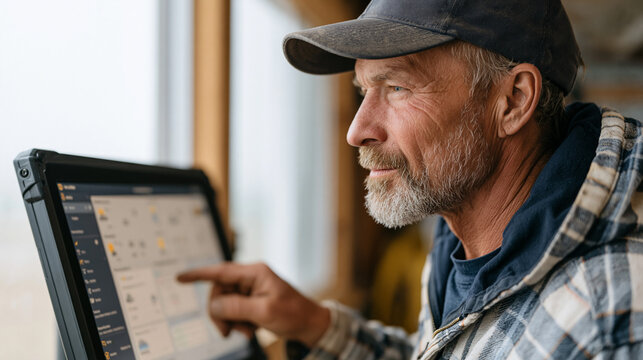Farm-specific weather dashboard on a ruggedized touchscreen mounted inside a grain bin control room, a storage manager reviewing seven-day temperature and dew point forecasts