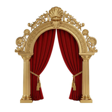 Royal golden theater curtain with ornate arch frame isolated on transparent background