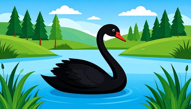 Cartoon-style illustration of a black swan floating gracefully on a tranquil lake. Green grass and trees line the background with a bright, sunny sky