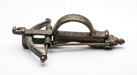 Obraz premium An ancient bronze crossbow mechanism featuring intricate geometric engravings on a white background.