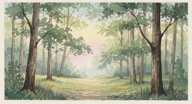 Watercolor painting of a tranquil forest scene with sunlight filtering through trees