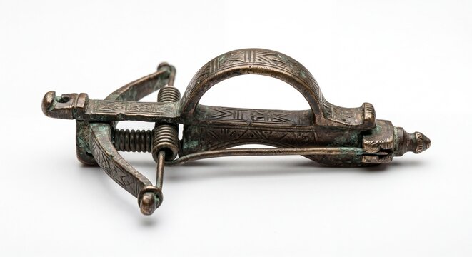 An ancient bronze crossbow mechanism featuring intricate geometric engravings on a white background.