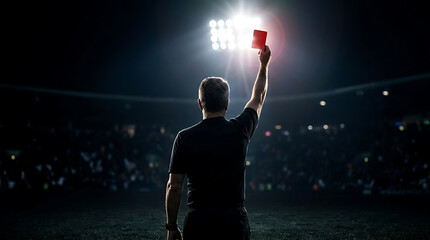 Fototapeta premium Referee Showing Red Card Under Stadium Lights at Night