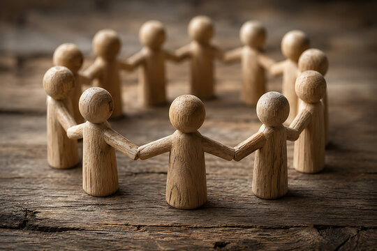 wooden figures holding hands in a circle on a table