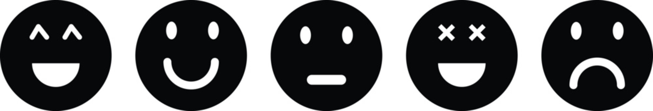 A set of five emoticon faces with different expressions on white background  smiling winking face  smiling face  neutral face  smiling face with x eyes  sad face