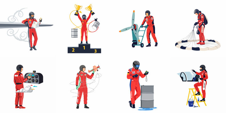 Set of flat vector illustrations featuring aviators in red flight suits engaged in various activities like maintenance, navigation, and celebrating a victory.