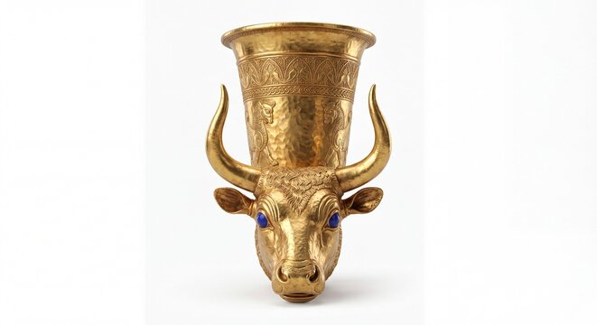 An ornate ancient gold rhyton vessel shaped like a bull head with deep blue lapis lazuli stone eyes.