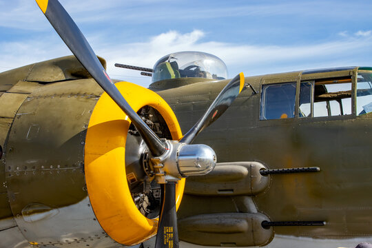closeup of WWII B-25 Mitchell bomber engine and roof turret