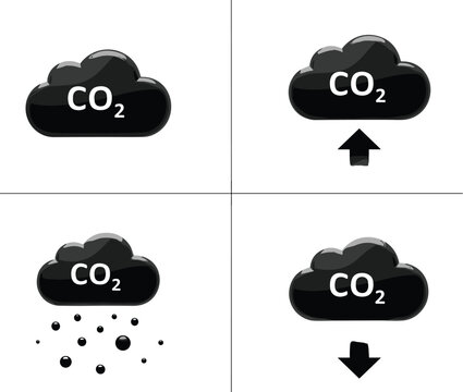 Carbon Dioxide CO2 Emission and Reduction Icon Set with Black Clouds and Arrows for Ecology, Environment Conservation, and Climate Change Infographics