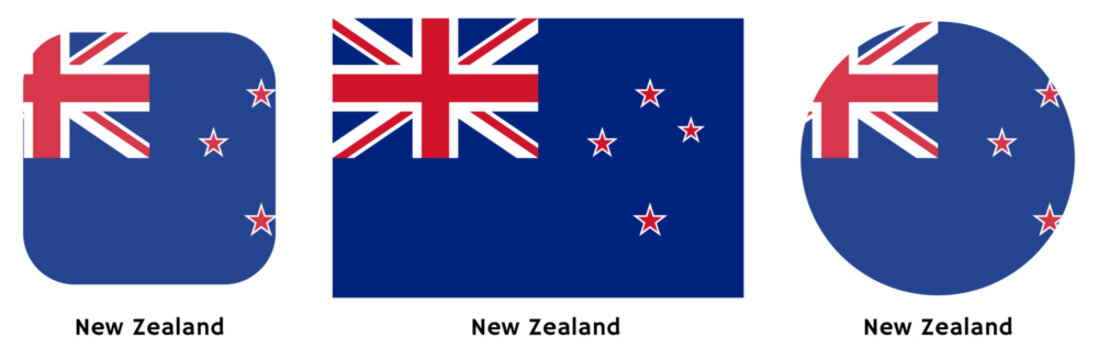 New Zealand flag vector SVG in circle and square curved flag shapes with transparent background. Editable, scalable national flag design for branding, web, print, and digital media.