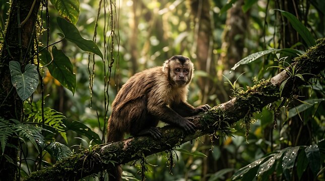 Monkey sitting on a tree branch in a lush forest