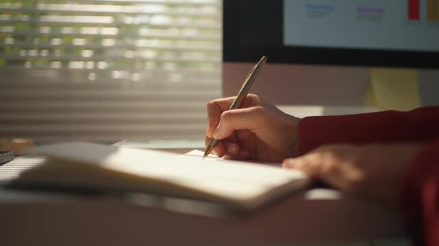 Close up of a person taking notes in a planner or diary. The individual sits at a desk in a sunny office with a computer in the background