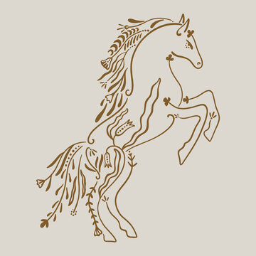 Minimalist running horse logo vector with botanical folk ornament, elegant line art equestrian emblem with floral elements, abstract mystical stallion silhouette for organic brand identity