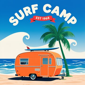 1968 Vintage Surf Camp: Beachfront Caravan Adventure with Waves and Palms