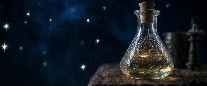 glass potion bottle with purple lens flare under a starry sky