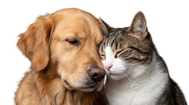 Affectionate golden retriever dog and tabby cat nuzzling close