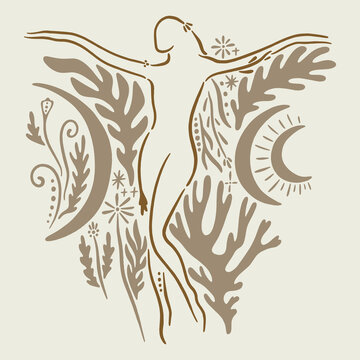 Minimalist reiki moon goddess vector illustration, folk style floral botanical ornament, abstract linear woman silhouette in mystical garden, sacred feminine line art poster