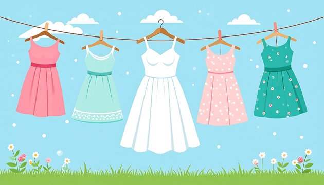 Cartoon-style illustration of five colorful dresses hanging on a clothesline outdoors with flowers