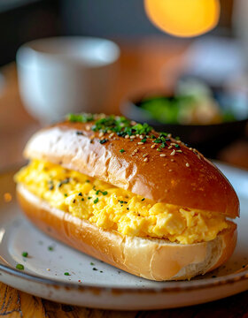 Japanese tamago sando with creamy egg mayo filling, soft milk bread, Tokyo cafe aesthetic, tasty food. Delicious snack. Close-up.