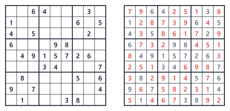 Sudoku square grid with solution numbers for logic games, clip art for brain training resources, educational websites, blogs, printable worksheets, puzzle book designs, and flyers